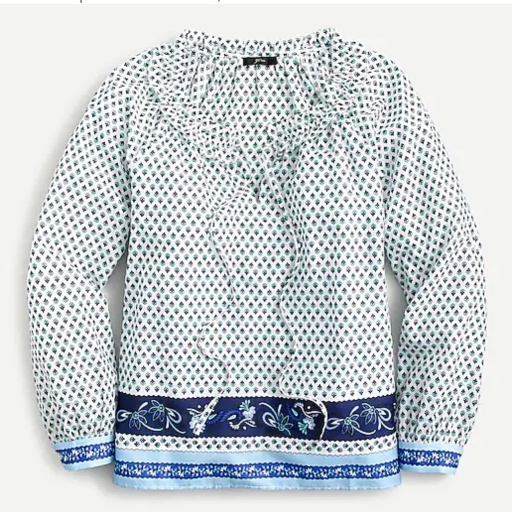 J. Crew Tie-front ruffle top blue ribbon block print organic cotton Small AW393